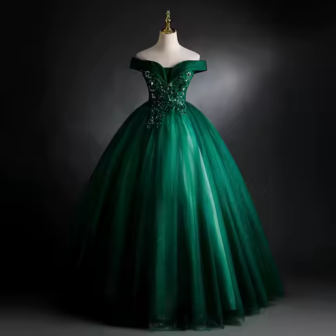 2025 New Women's Green One Shoulder Party Evening Dress Fashion Lace Slimming Glitter Puffy Skirt Dance President's Dress