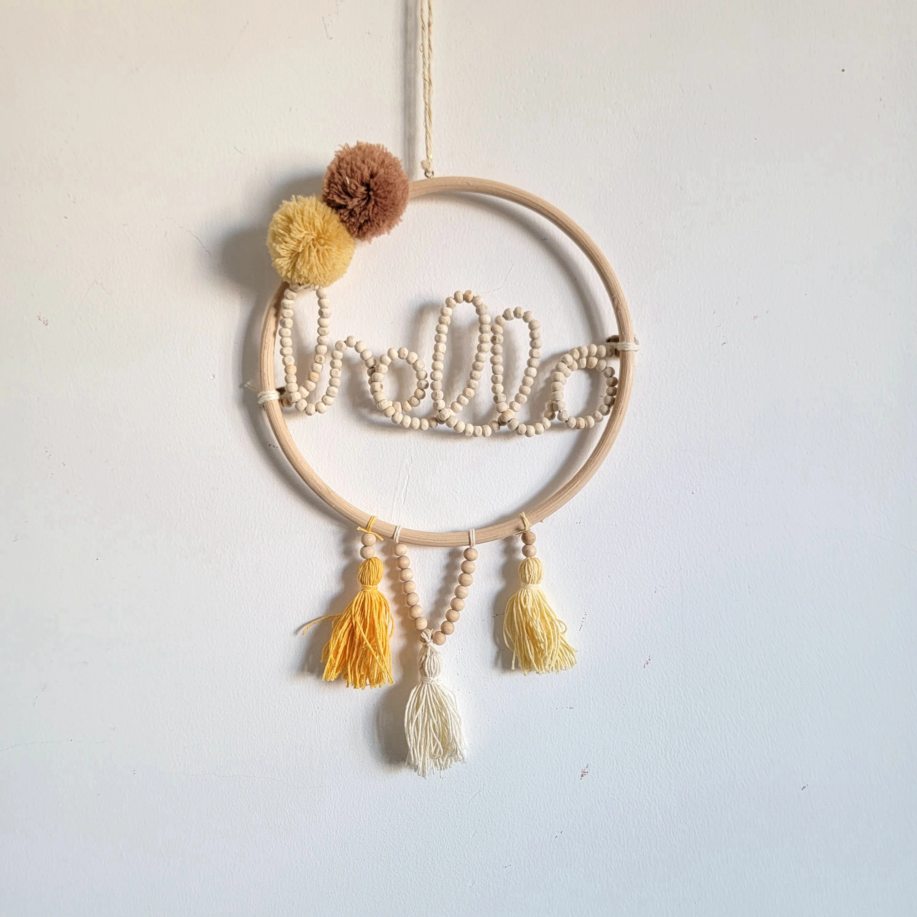 

DREAMCATCHER-HOME DECORATION-with pompom-with wooden beads "hello"-kid room decoration