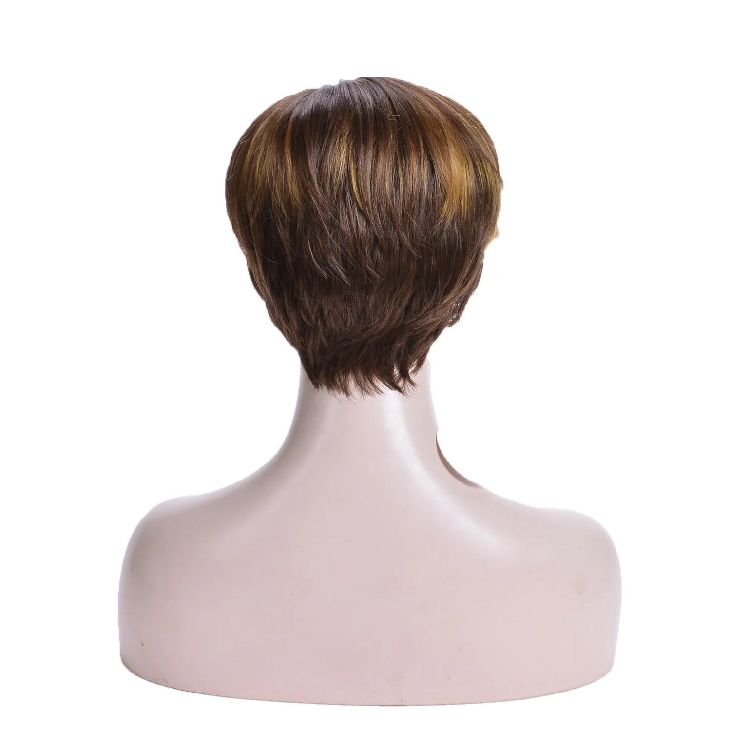 Short Pixie Cut Synthetic Wig Brown Mixed Yellown Layer Nature Curly with Wave Bangs Heat Resistant Wigs for Women Daily Wear