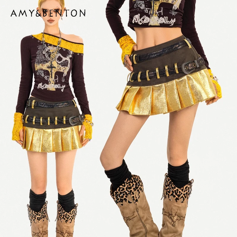 

Оригинальный дизайн, тяжелая промышленность, двойной пояс, золотые плиссированные женские юбки, осенние милые крутые юбки трапециевидной формы в стиле ретро, женские юбки