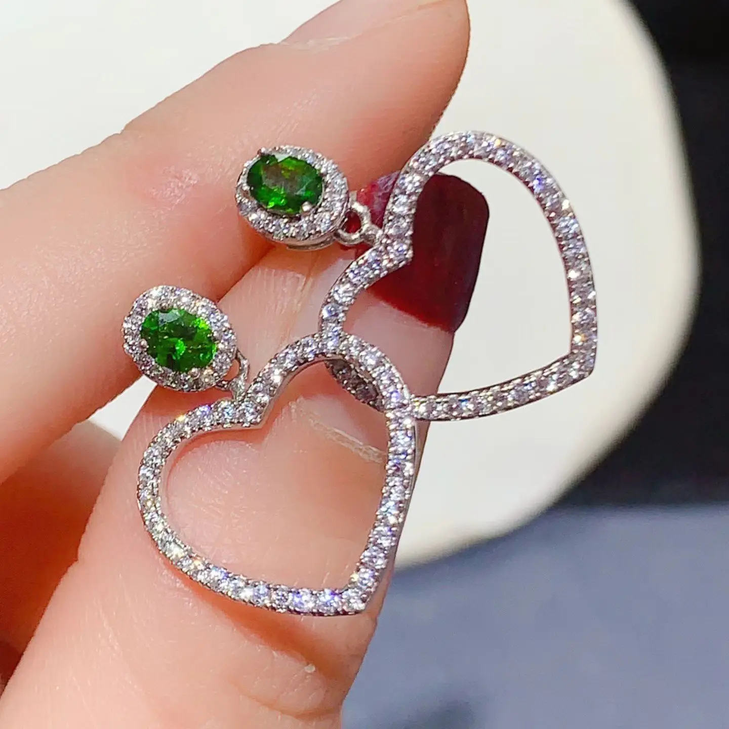 

925 Sterling Silver Natural Diopside Earrings Certified Fine Jewelry Exquisite Craftsmanship Silver Heart Gemstone Drop Earrings