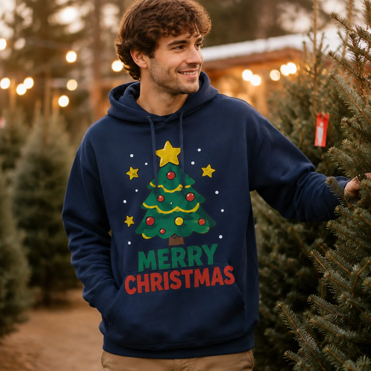 Personalized Merry Christmas Warm Hoodie Custom Xmas Tree Sweatshirt Winter Holiday Party Pullover Family Matching Casual Top