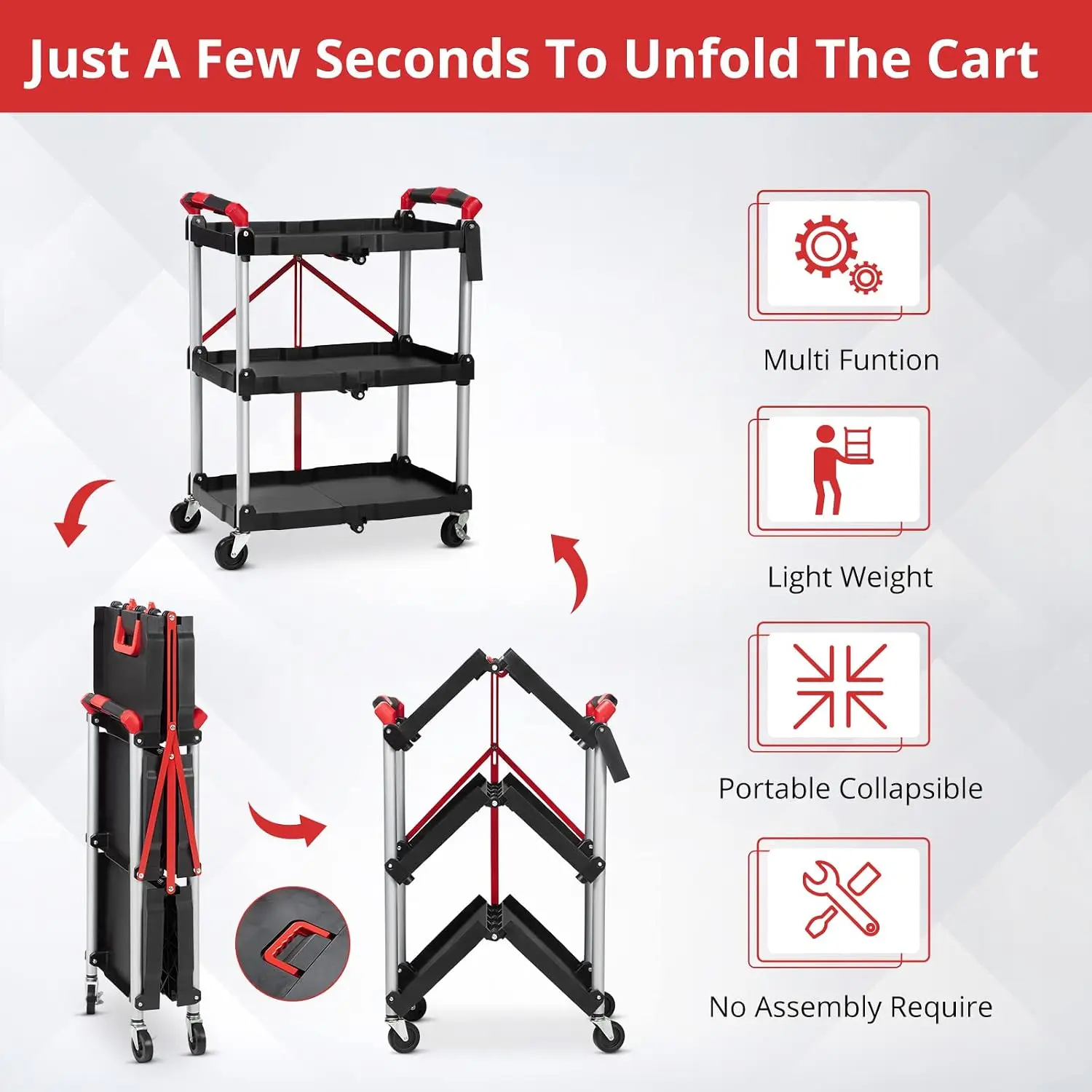 Portable Folding Service Cart - Versatile 3-Tier Collapsible Design, Heavy-Duty 56 lbs Load Capacity/Shelf, Lockable Wheels for Stability, Ideal for Garage, Workshop & Industrial Use image 3