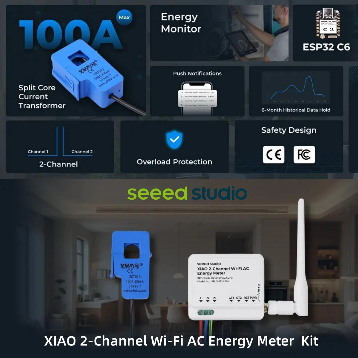 XIAO 2-Channel Wi-Fi AC Energy Meter Bundle Kit with Non-invasive AC Current Transformer 100A-50mA