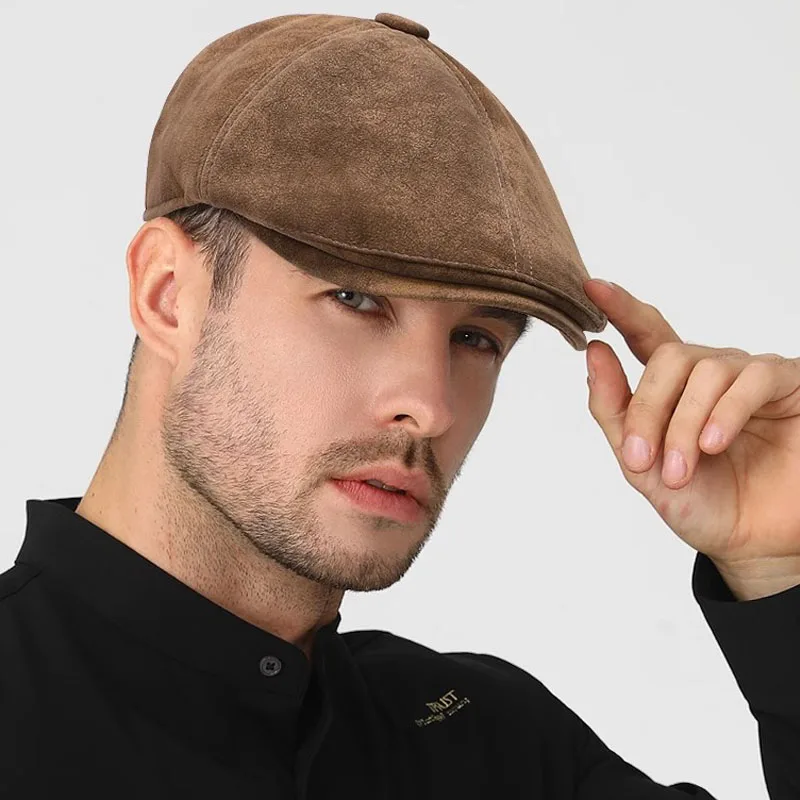 55-60cm Winter Warm Men's Real Soft Leather Ivy Beret Newsboy Gatsby Golf Cabbie Flat Cap Hats With Black ,Khaki,Brown Color