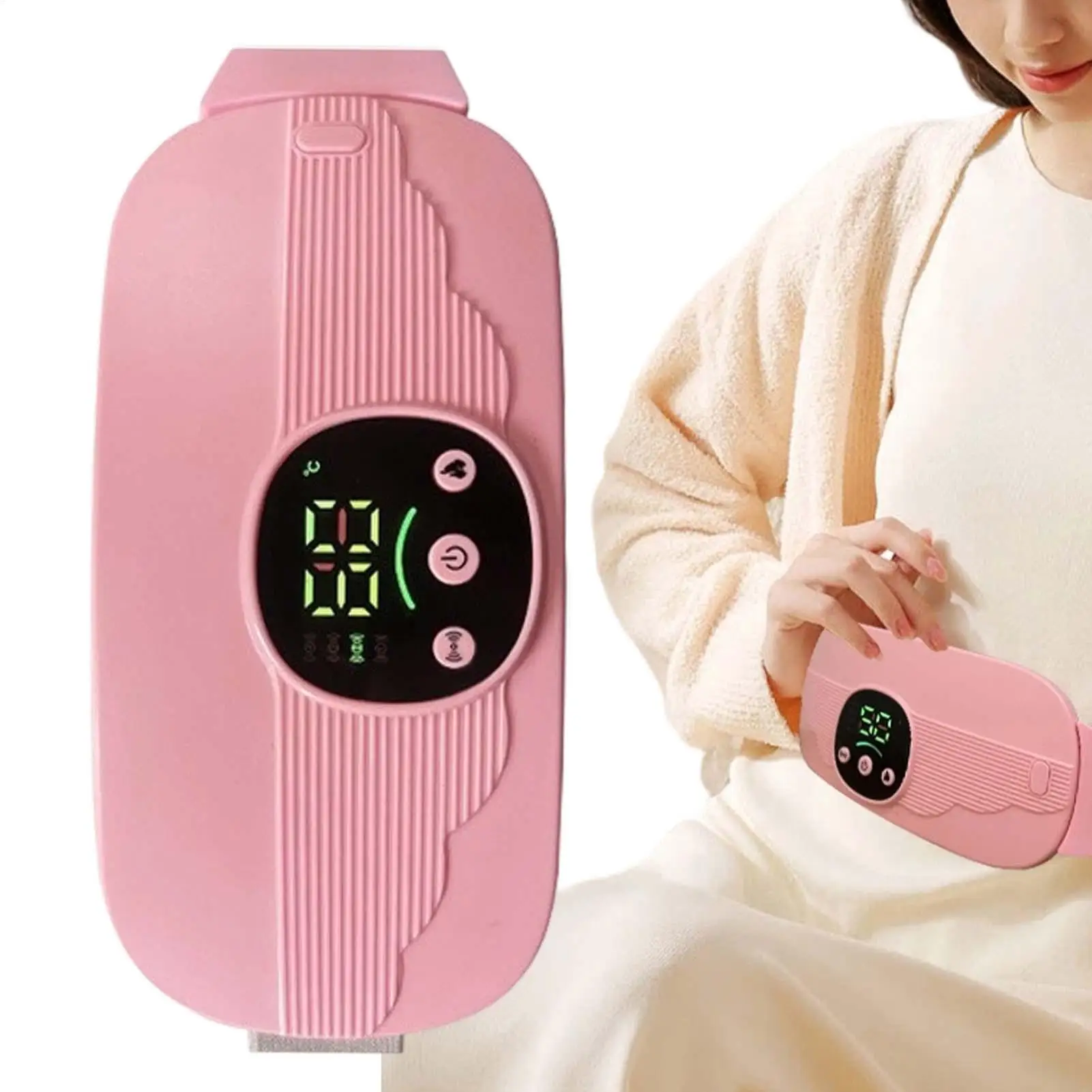 Graphene Heating Vibration Massage Menstrual Belt, 4 Temp Wireless Rechargeable, Pink Adjustable Abdominal Warmth Pad