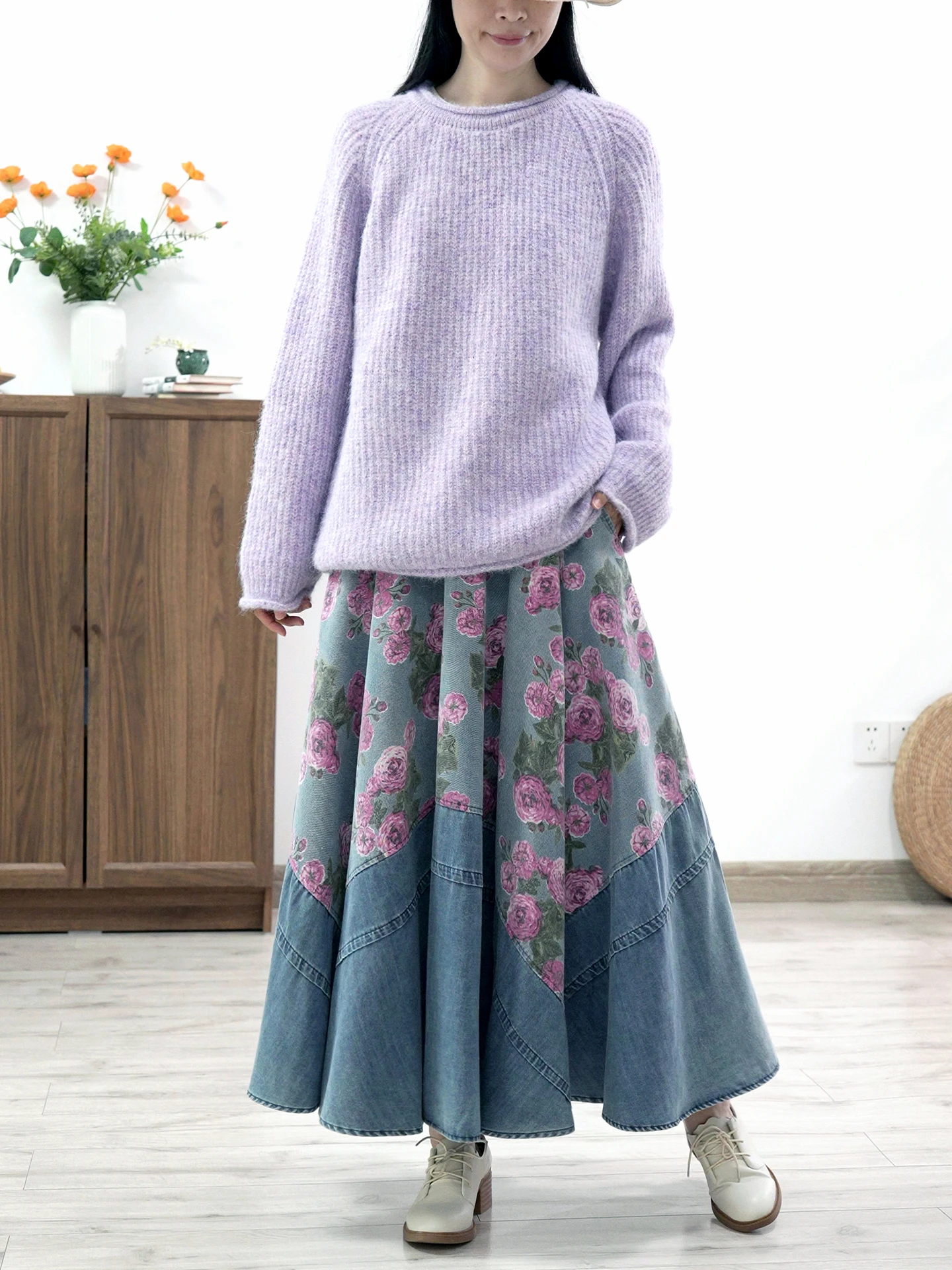 TIYIHAILEY Long Maxi Women Elastic Waist Winter Autumn Denim Skirt Lady Printed A-Line Patchwork Thick Jeans Blue Big Hem