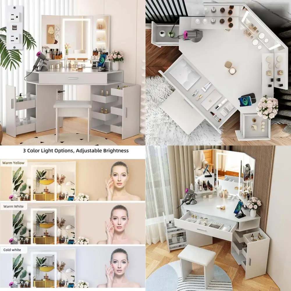 Illuminated Makeup Vanity Desk with Adjustable Brightness, 3 Lighting Modes, and Built-in Power Outlet