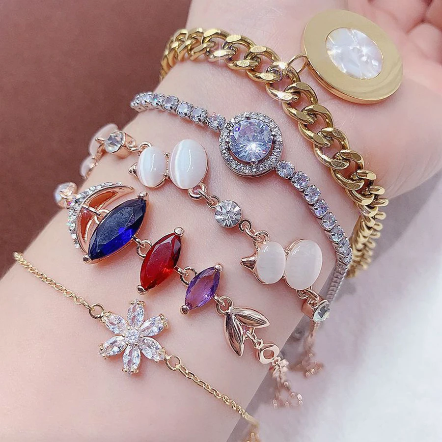 10Pcs Artificial Gemstone Inlay Copper Material Women's Bracelet Luxury Super Flash Mixed Style Bracelet Fashion Jewelry Gifts