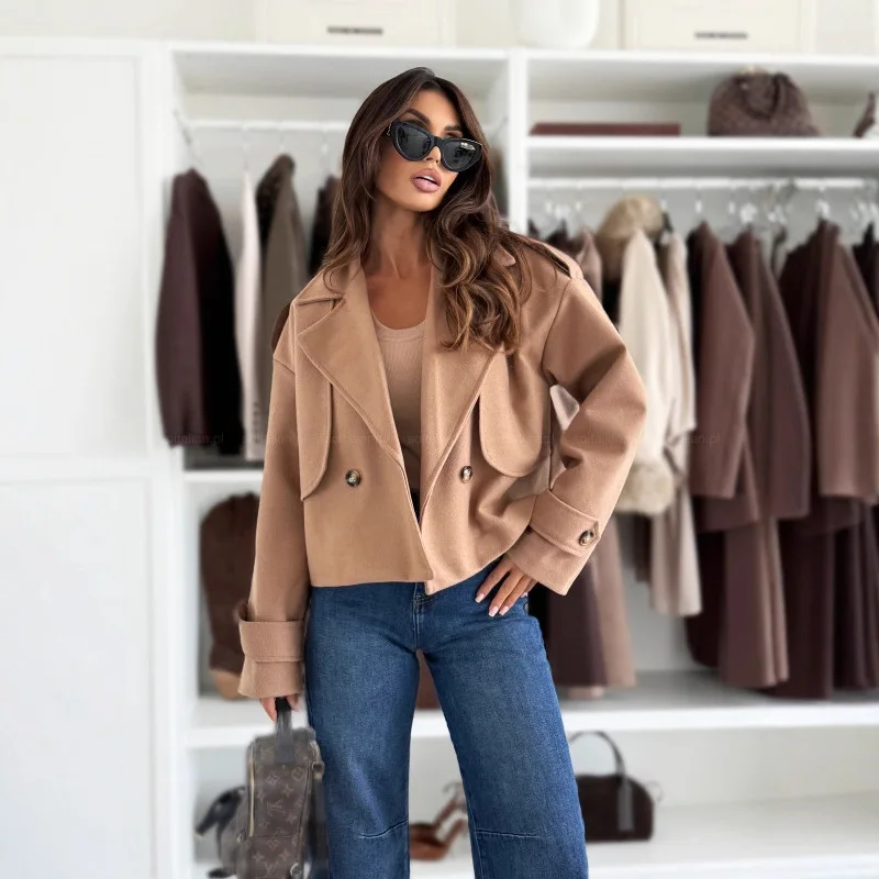 Manteau en laine pour femme, vestes en laine, col rabattu, boutons, couleur unie, pardessus de bureau, vêtements d'extérieur Vintage, automne hiver