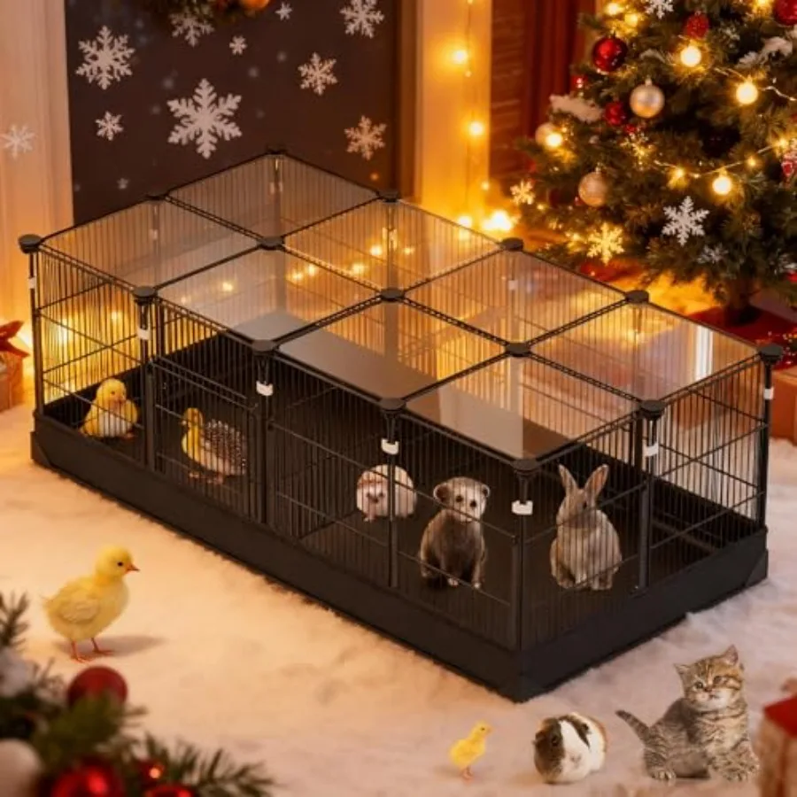 Corral para Animales Pequeños de 22 Paneles, Jaula para Conejos con Puertas y Tapete Impermeable, Cerca de Alambre Metálico, Jaulas para Cobayas y Hámsters