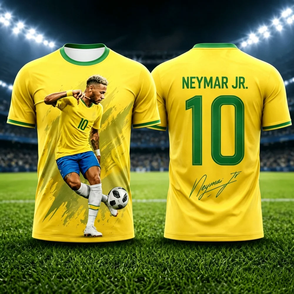 Herren Brasilien 10 Fußball-Fan-Trikot 3D-Druck Neymar Kurzarm Schnelltrocknend Sportbekleidung für Fans Fußballtrikot Familien-Kinder-T-Shirts