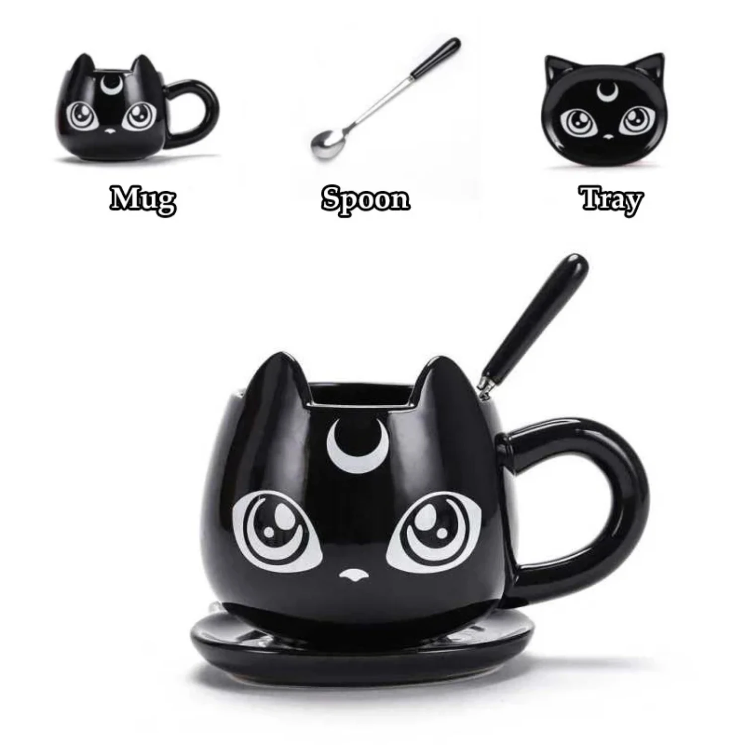 

Creative Black Cat Cartoon Ceramics Milk Mug Set for Breakfast and Office Afternoon Tea - Adorable Kitty Cups with Tray for Coff