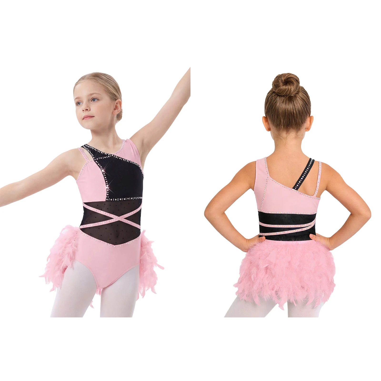 

Kids Girls Sheer Mesh Latin Ballet Ballroom Dance Warm-up Leotard Sleeveless Lyrical Feather Patchwork Gymnastics Bodysuits