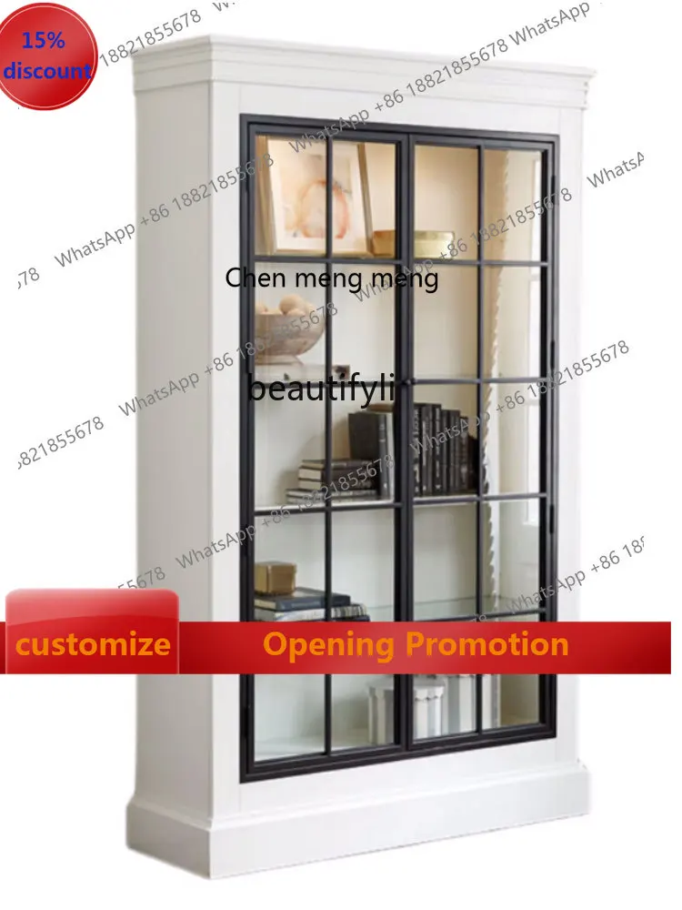 S7486 ss American-Style Solid Wood Bookcase Living Room White Decorative Glass Door Wine Cabinet French Simplicity Multi-Functio