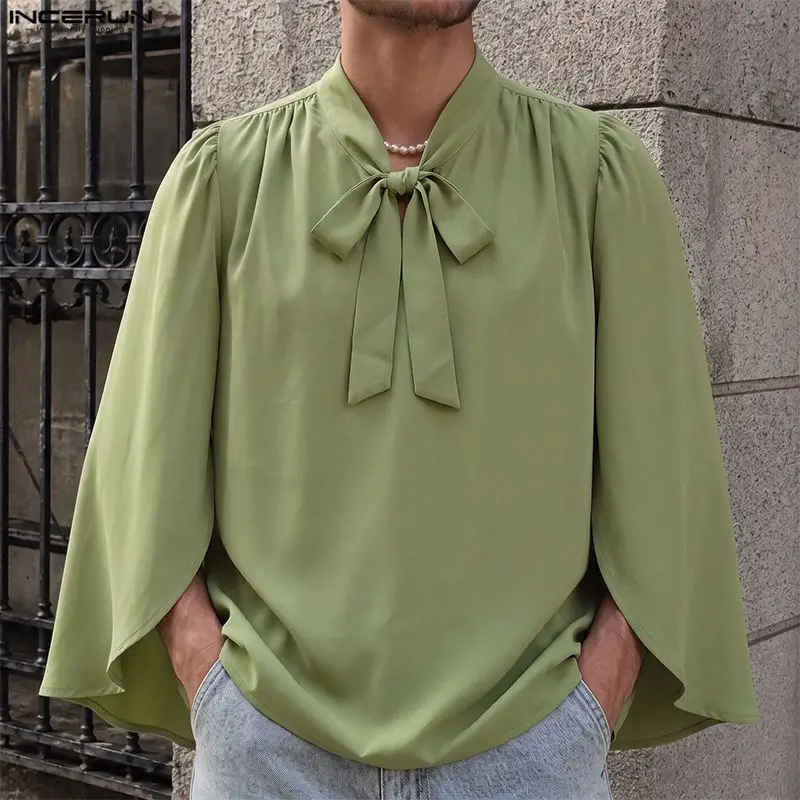 INCERUN Men Shirt Solid Lace Up Long Sleeve Loose Ponchos Men Clothes Streetwear 2026 Pleated Fashion Casual Tops For Man Cloak
