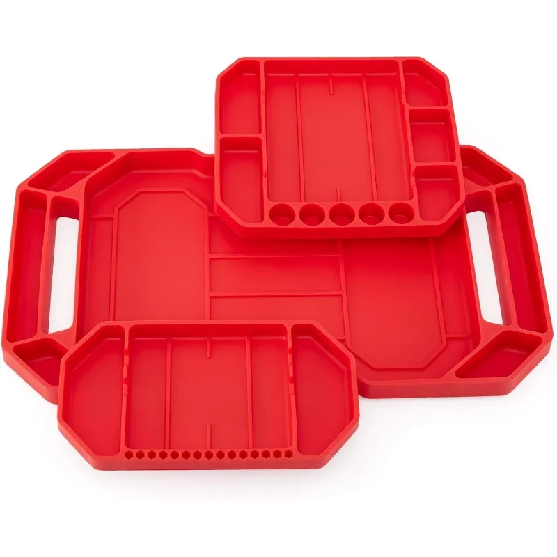 Bandeja de ferramentas flexível antiderrapante grande, esteira de ferramentas, organizador, armazenamento, Grip Mats, sem ímãs, vermelho, 3pcs