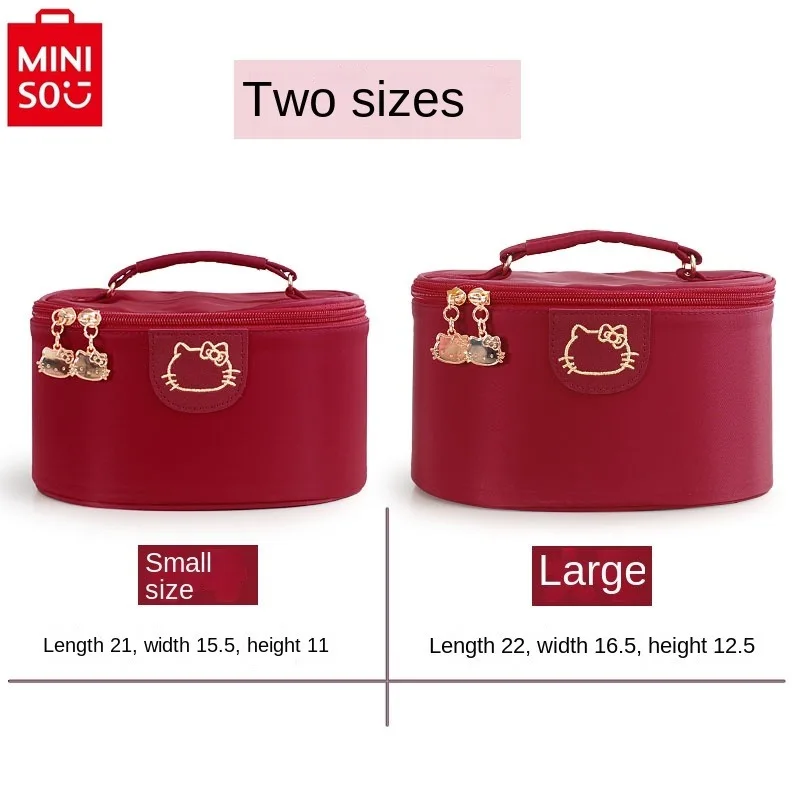 MINISO-Bolsa de maquiagem cilindro Hello Kitty, monocromática, tecido impermeável, produtos para a pele, grande capacidade, caixa classificadora, simples