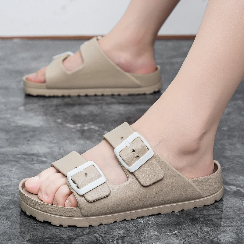 شباشب مطاطية خفيفة الوزن للسيدات مع شريطين بإبزيم مزدوج، صنادل نسائية مسطحة من Birken، أحذية منزلية للشاطئ