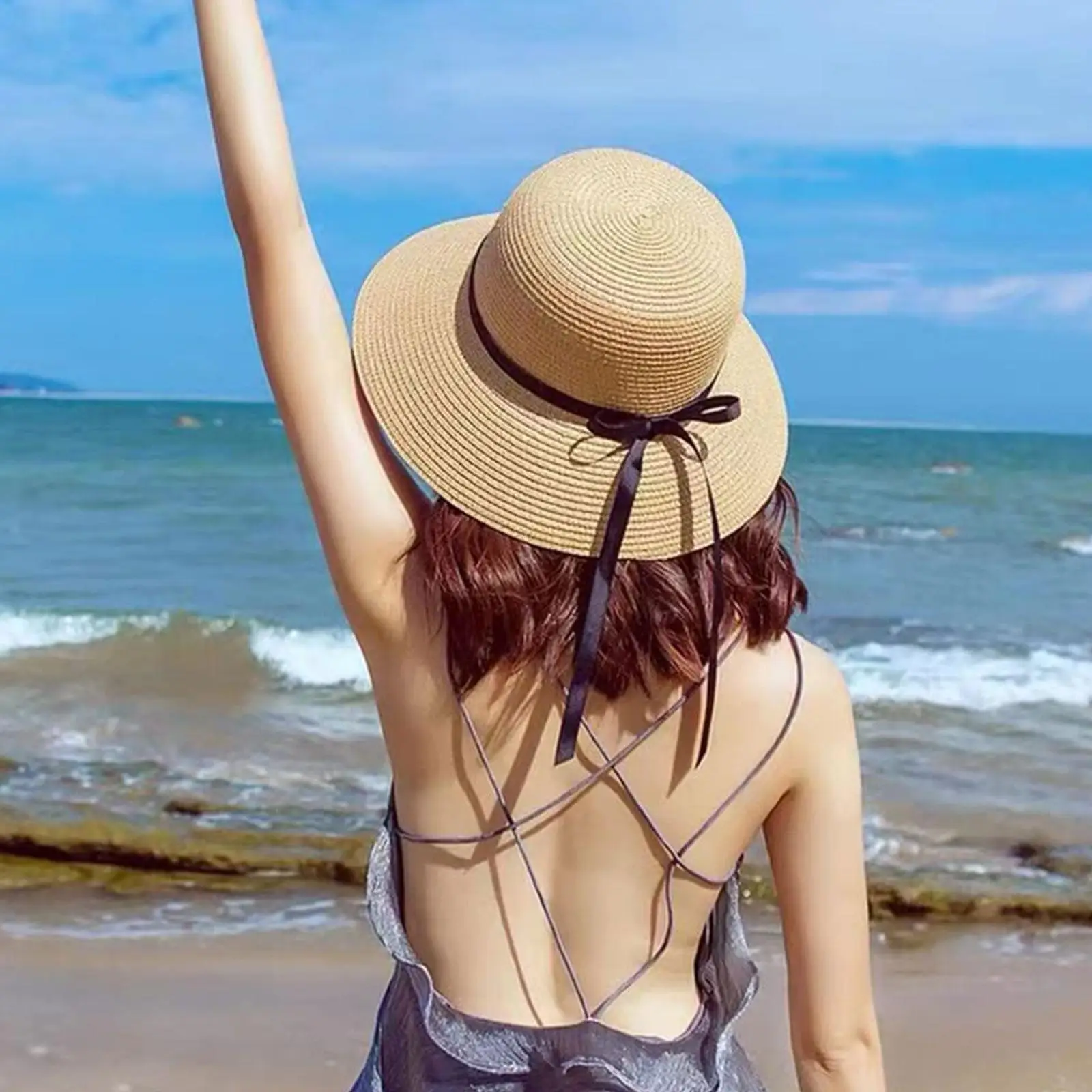 Summer Straw Hat Big Wide Brim Foldable Beach Sun Hat Straw Floppy Sun Block UV Protection Hat Ladies Outdoor Travel Straw Hat