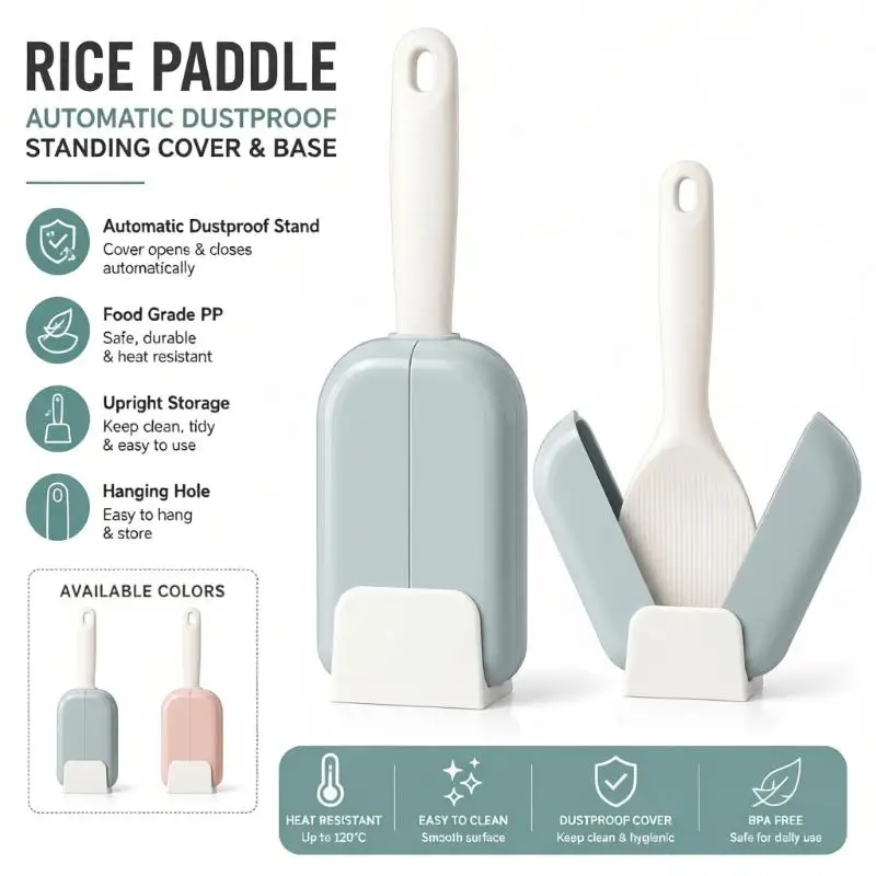 Non-Stick Rice Paddle Stand Automatic Opening Closing Stand-Up Rice Spoon Holder Waterproof Kitchen Countertop Organizer for Ho