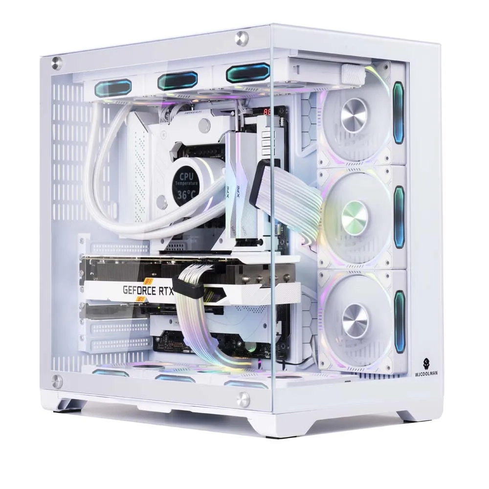 WJCOOLMAN Lonely Warrior PRO White Panoramic Version 2Side Transparent Glass Gaming Computer Case with 7 Fan Positions 360