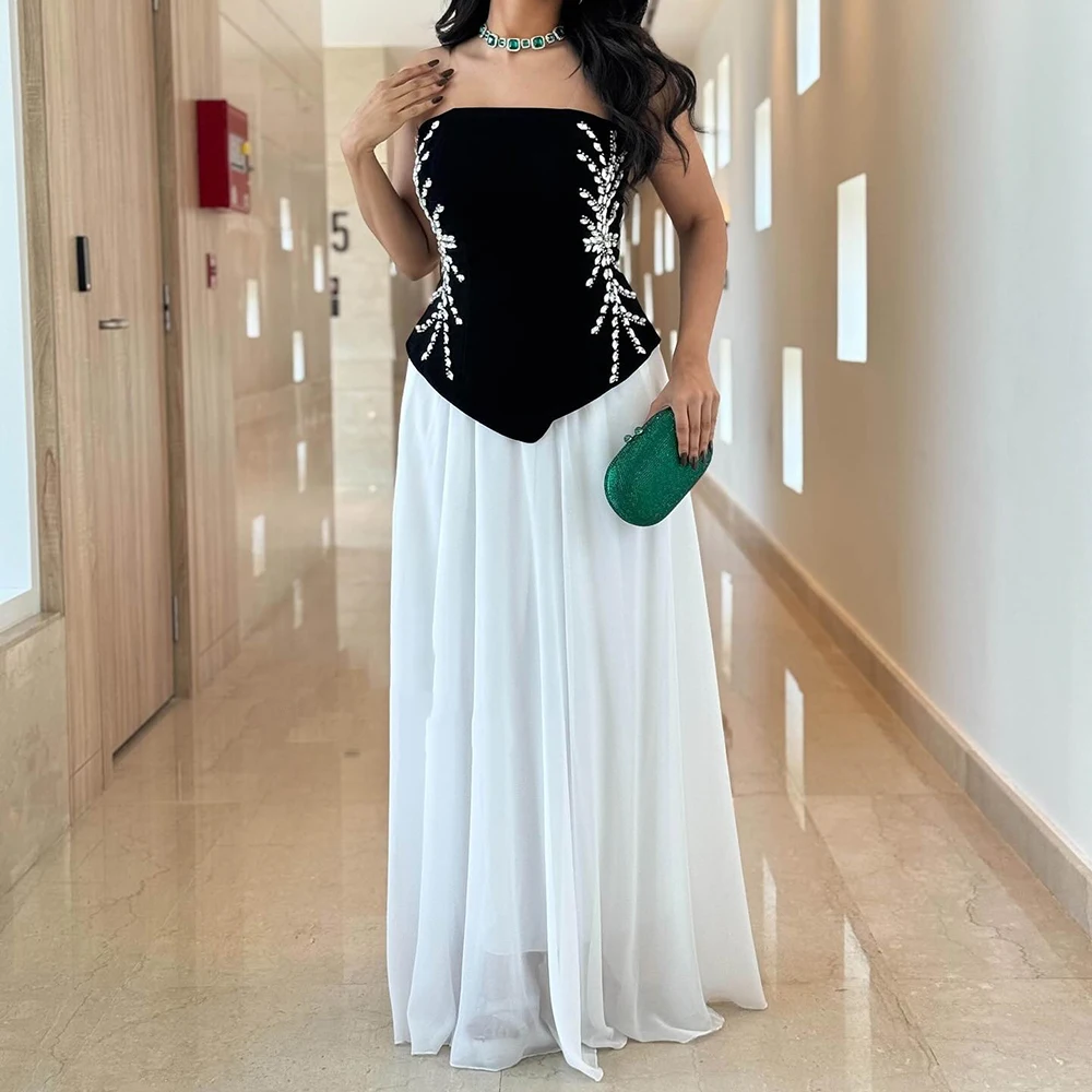 

Customized A-line Evening Dresses Floor-length Strapless Sleeveless Prom Gown Fashion Crystal Simple Draped Backless Party Gown