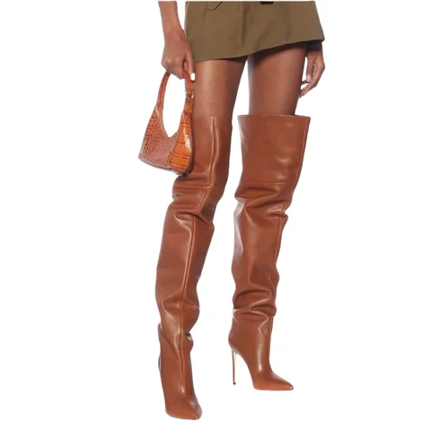 Stivali da donna Arden Furtado autunnali marroni sopra il ginocchio, a punta, con tacco sottile, patchwork, slip-on, tacco super alto, alla moda, stile cavaliere