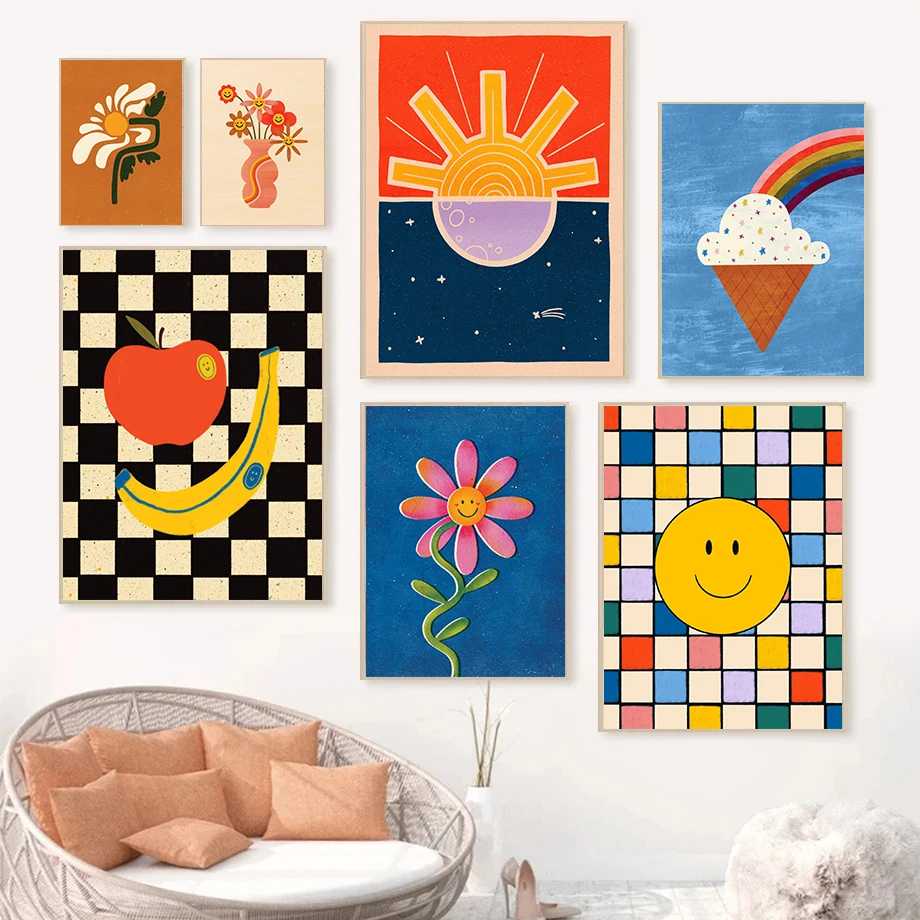 1PCS  Frameless  Minimalist Kitchen Still Life Poster Checkered Fruit Ice-Cream Rainbow Cloud Prints Canvas Painting Wall Pictur