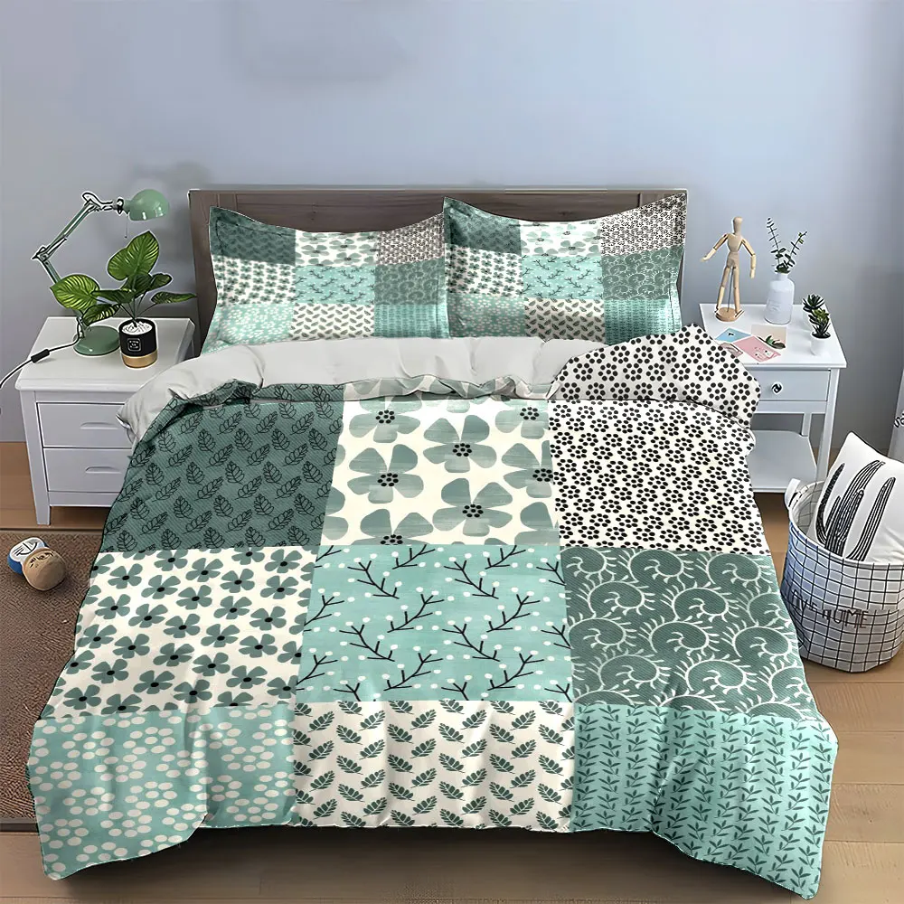Sage Green Leaf Floral Patchwork Bedding Set,Minimalist Dot Twig Flower Grid Print Duvet Cover Set,Calm Tone 3pc For Room Decor