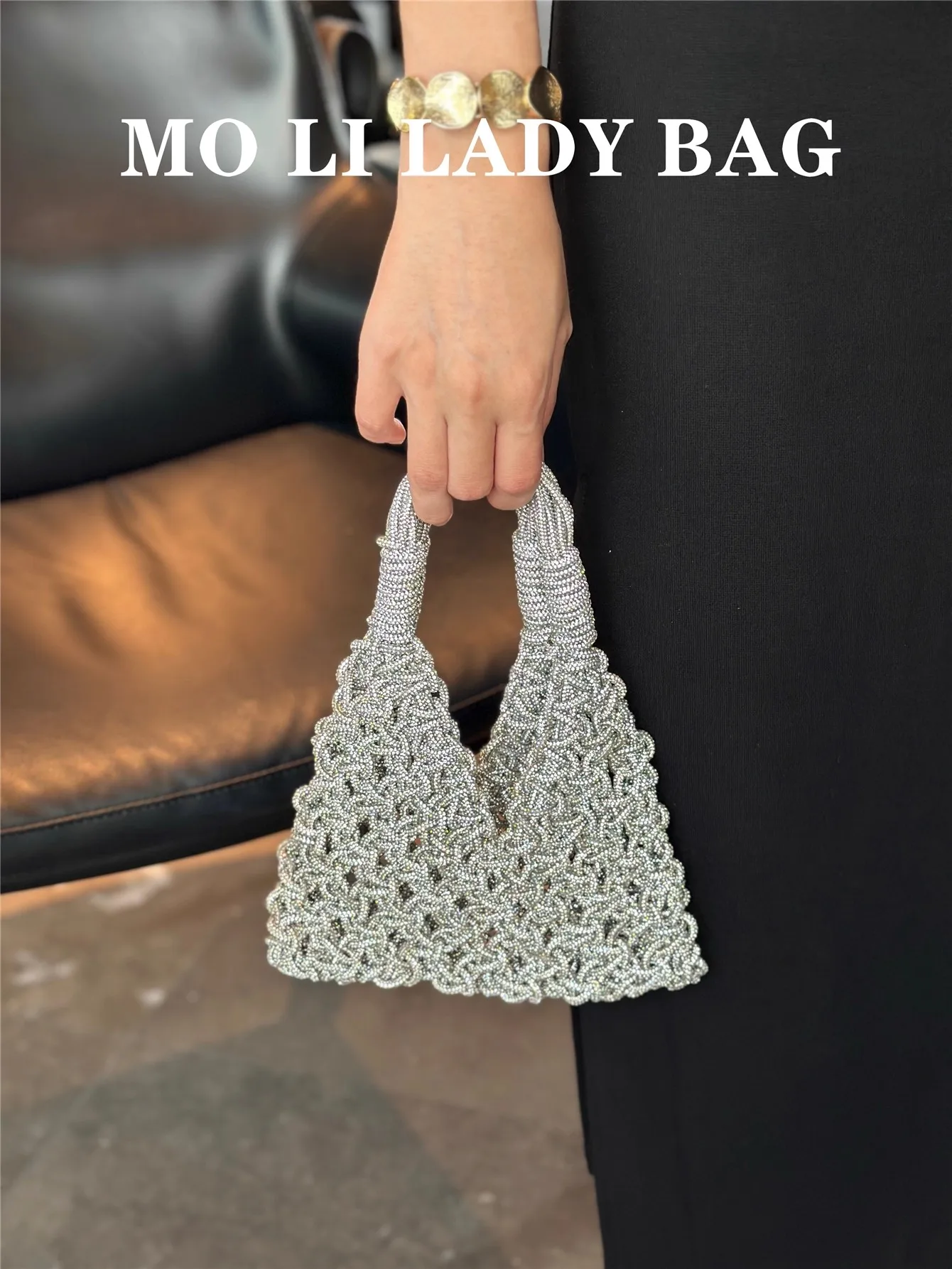 

Роскошная блестящая веревочная тканая сумка-ведро ручной работы с бриллиантами, женская сумка, модный ажурный кошелек-клатч, сумка для свадебной вечеринки, банкета