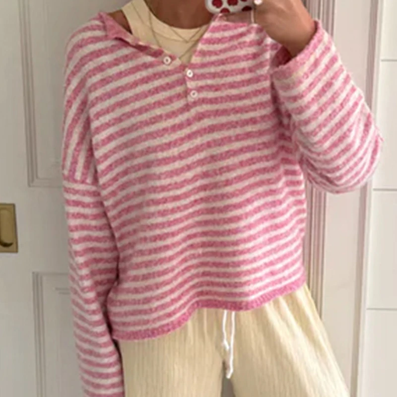 

Maemukilabe женский вязаный свитер, топы, осенний свободный пуловер с длинными рукавами и круглым вырезом в полоску на пуговицах, джемперы, повседневный трикотаж для беременных