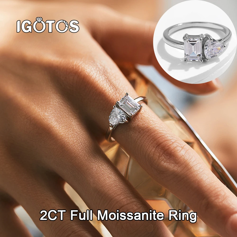 

IGOTOS 2cttw Heart Cut Full Moissanite Ring Certified Women Emerald/Radiant Cut Lab Diamond 925 Sterling Silver Jewelry