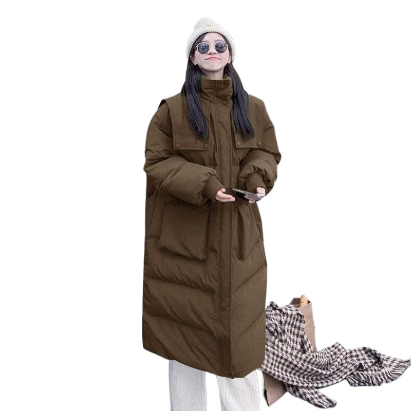 Autumn Winter New Down Cotton Clothes Women's New Navy Collar Big Pocket Medium and Long Over The Knee Warm Small Student Jacket