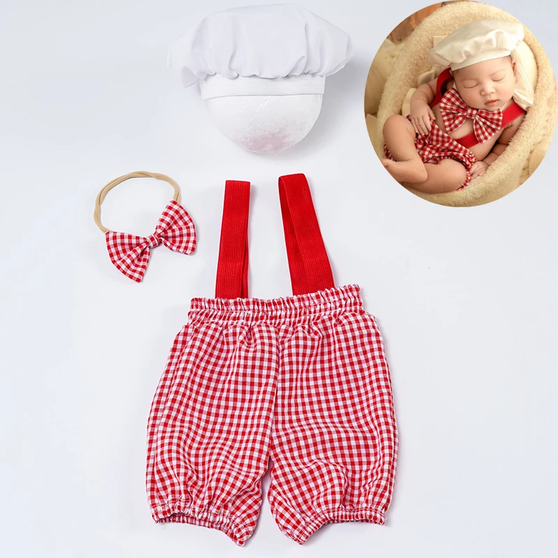 

Baby Pastry Chef Costume Newborn Photography Outfits Cute Western Chef Hat Bow Tie Overalls Baby Auxiliary Sofa Photoshoot Props