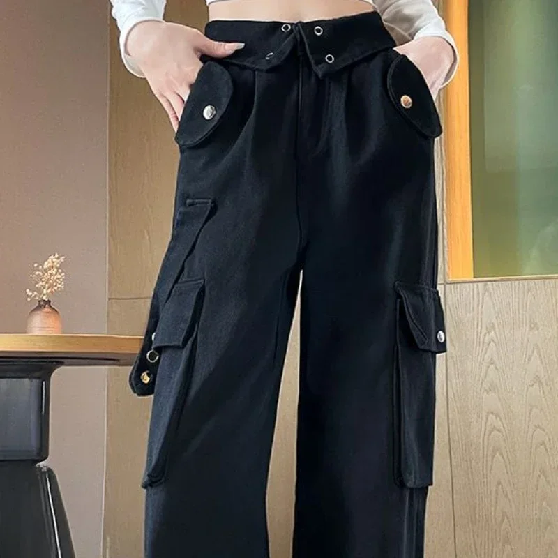 Trousers Cargo Beige Women's Jeans Straight Leg Black with Pockets Pants for Woman High Waist Shot Medium Wash Hippie Summer A R