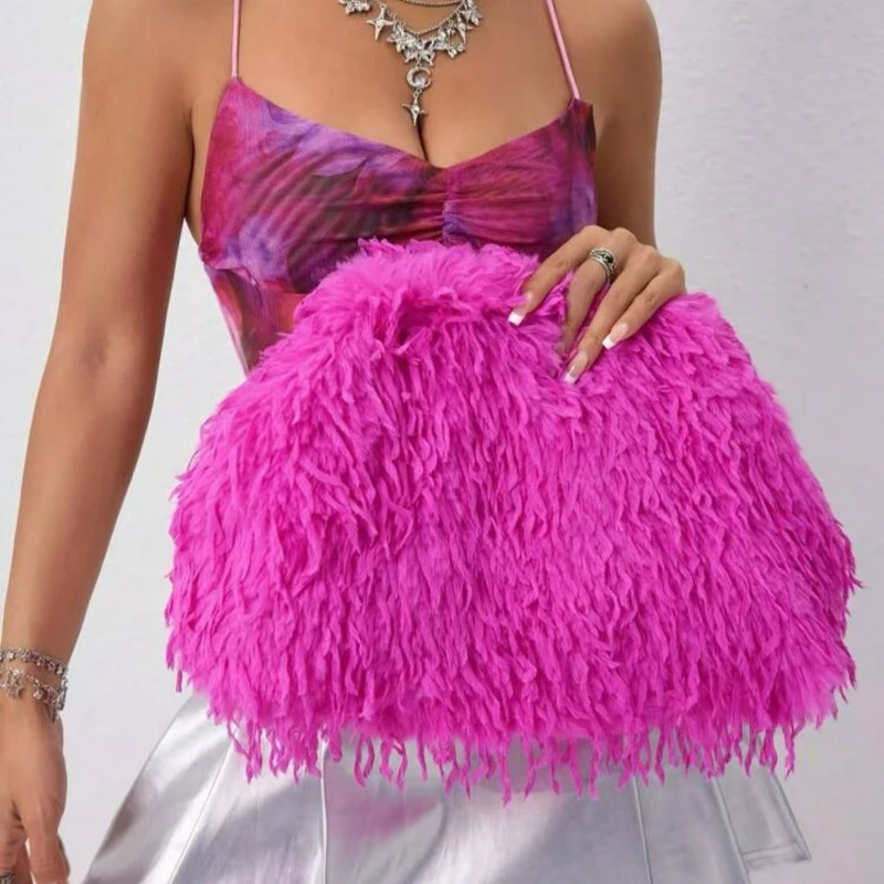 New Fluffy Plush Candy-colored Women's Handbag, Fashionable Large Cloud-shaped Pleated Flap Bag， Party and Dinner Handbag Wallet
