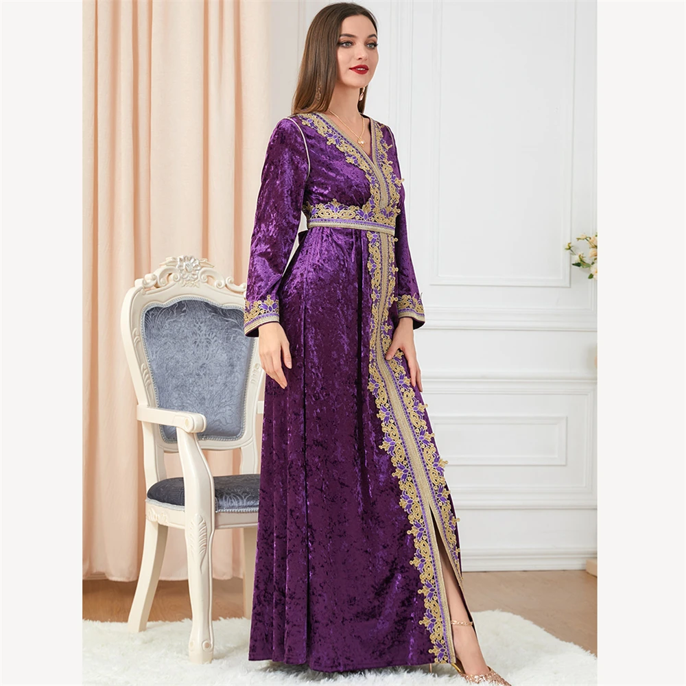 Autumn Abaya Long Dress for Women Lace Tape Trim Velvet Muslim Evening Dresses Moroccan Caftan Dubai Turkish Kaftan Ramadan Eid