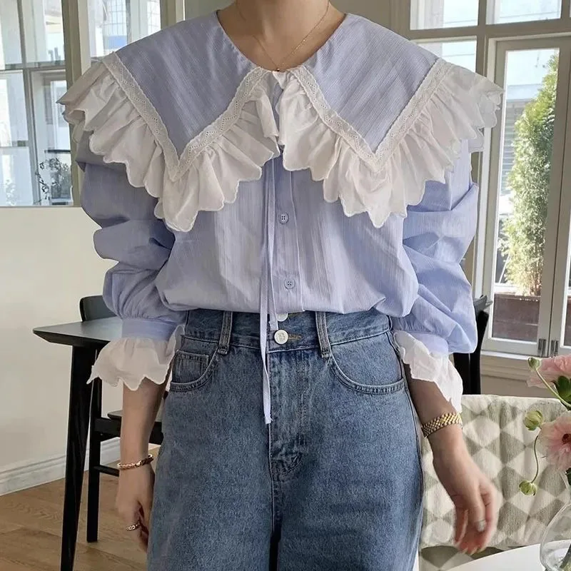 Women Chic Peter Pan Collar Shirts Sweet Ruffles Lolita Lace Patchwork Blouse Female Kawaii Lovely Daily Puff Long Sleeve Shirt