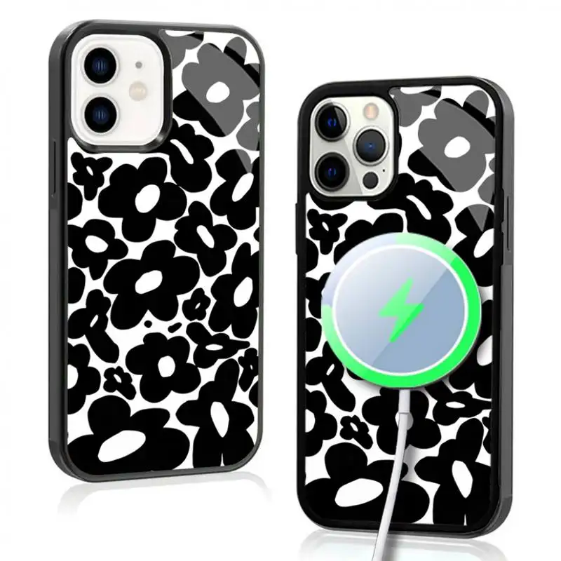 60s 70s Hippie Flowers Black Case For iphone 11 12 13 14 15 Plus Pro Max Mirror Acrylic For Magsafe Wireless Charging