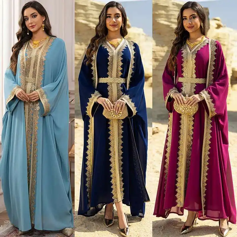 

Ab465 Women's Summer Lace Ribbon Splicing Robe Two Piece Set with Belt Chiffon Dress Abaya Ramadan Dubai Luxury Islam Elegant