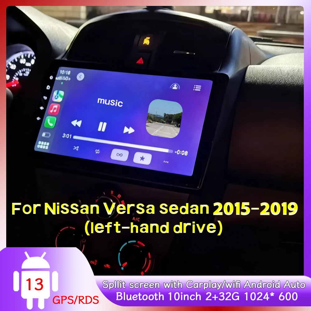 Car Stereo Multimedia Video Player with GPS Navigation 10inch Android 13 CarPlay Android Auto For Nissan Versa sedan 2015-2019