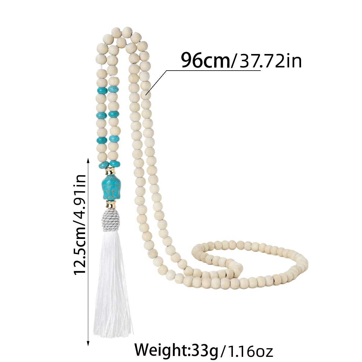 Bohemian style wooden bead bead necklace, retro turquoise Buddha tassel pendant, long Y-shaped women\'s necklace