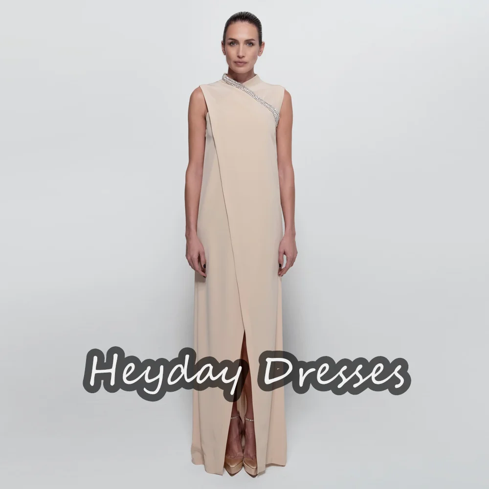 Heyday Crepe Straight O-neck Beading Sleeveless Saudi Simple Prom Gown Floor Length Elegant Evening Party Dresses For Women 2024