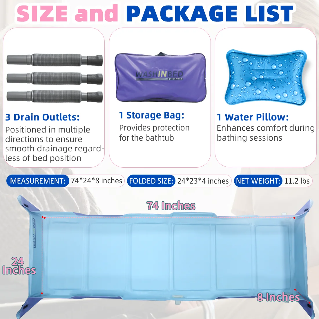 Ehucon Bed Portable Bathtub with Drain Hole, Shower Mattress for Bedridden Patients Disable Caregiver Hygiene Care Tool