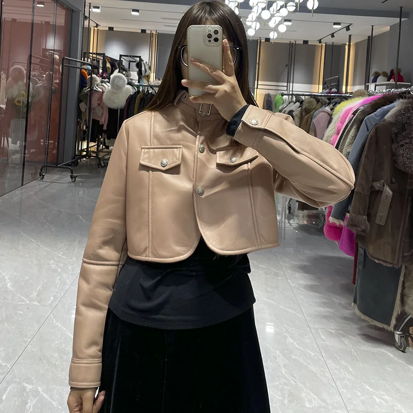 Janefur ผู้หญิงฤดูหนาว Shearling Fur Jacket Cropped เสื้อหนัง Jacket JFB9-25009