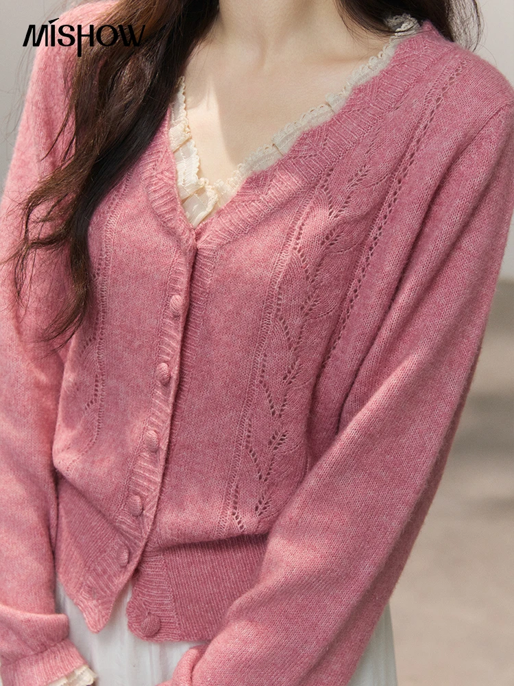 MISHOW Women's V Neck Single Breasted Cardigan 2026 Spring Lace Trim Hollow Knitted Tops Elegant Casual Slim Pink Top MXF11Z2908