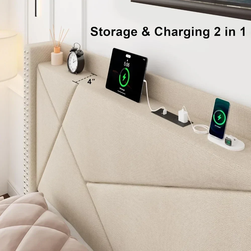 Bed Frame with 4 Storage Drawer, Headboard Charging Station, Solid Wood Slats Support, Bed Frame