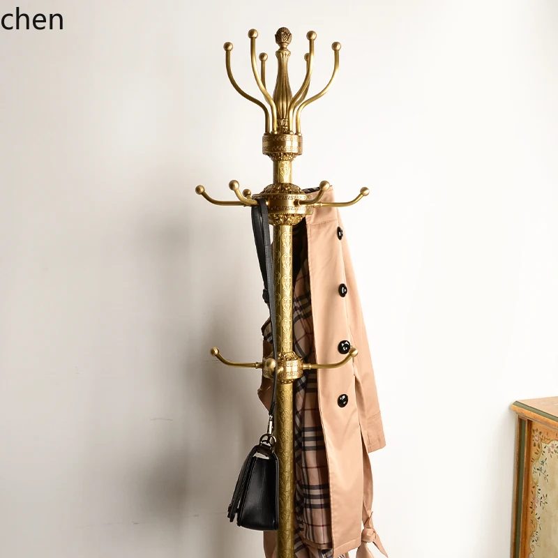 HT Classical Pure Copper Coat Rack Floor Single Rod Clothing Rack Living Room Bedroom Home Decoration