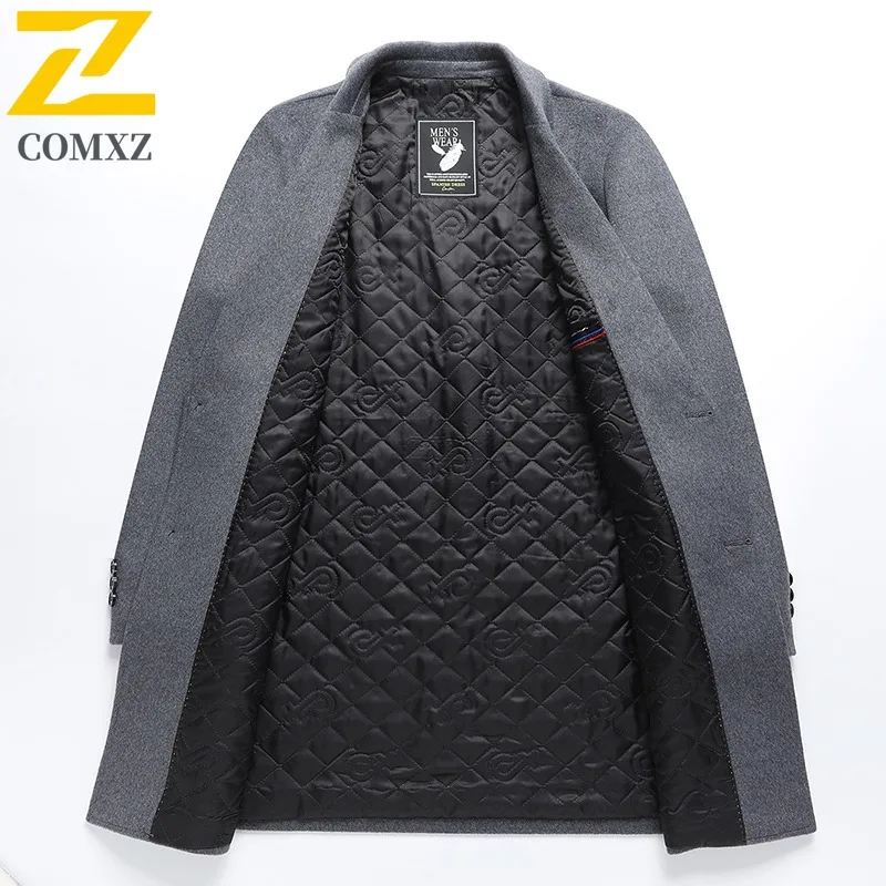 COMXZ Mens Business Wool Trench Coat Autumn Winter Cotton Warm Long Cashmere Wool waterproof windproof lightweight windbreaker